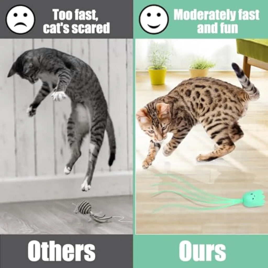 Green automatic cat wand toy with silicone tails swinging, placed on wooden floor