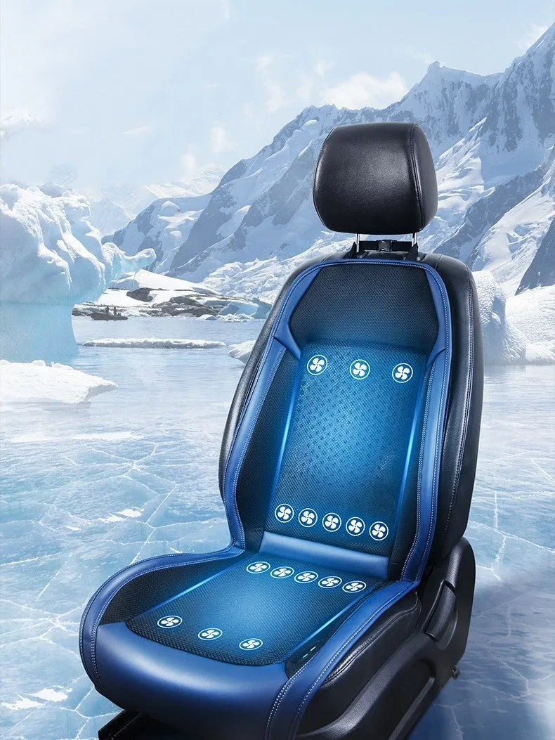 Car seat cooling pad with USB cable and built-in ventilation fan in minimalist black design