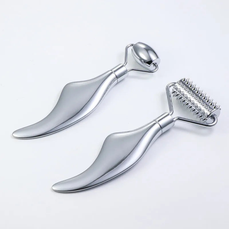 Stainless steel facial massage board set with double-headed roller and heart-shaped eye tool