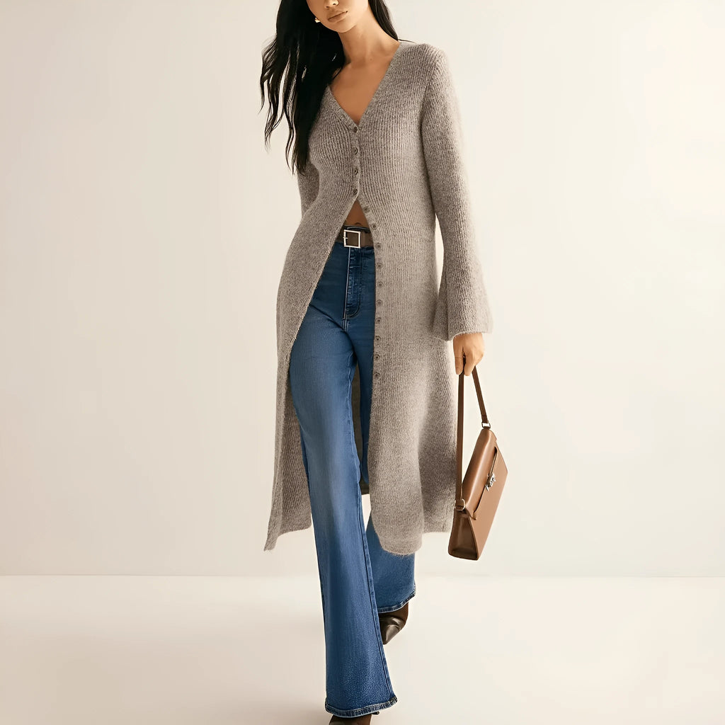 Khaki women's long sleeve cardigan coat with button front in a French retro style.