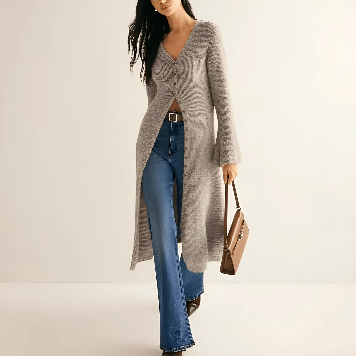 Khaki women's long sleeve cardigan coat with button front in a French retro style.