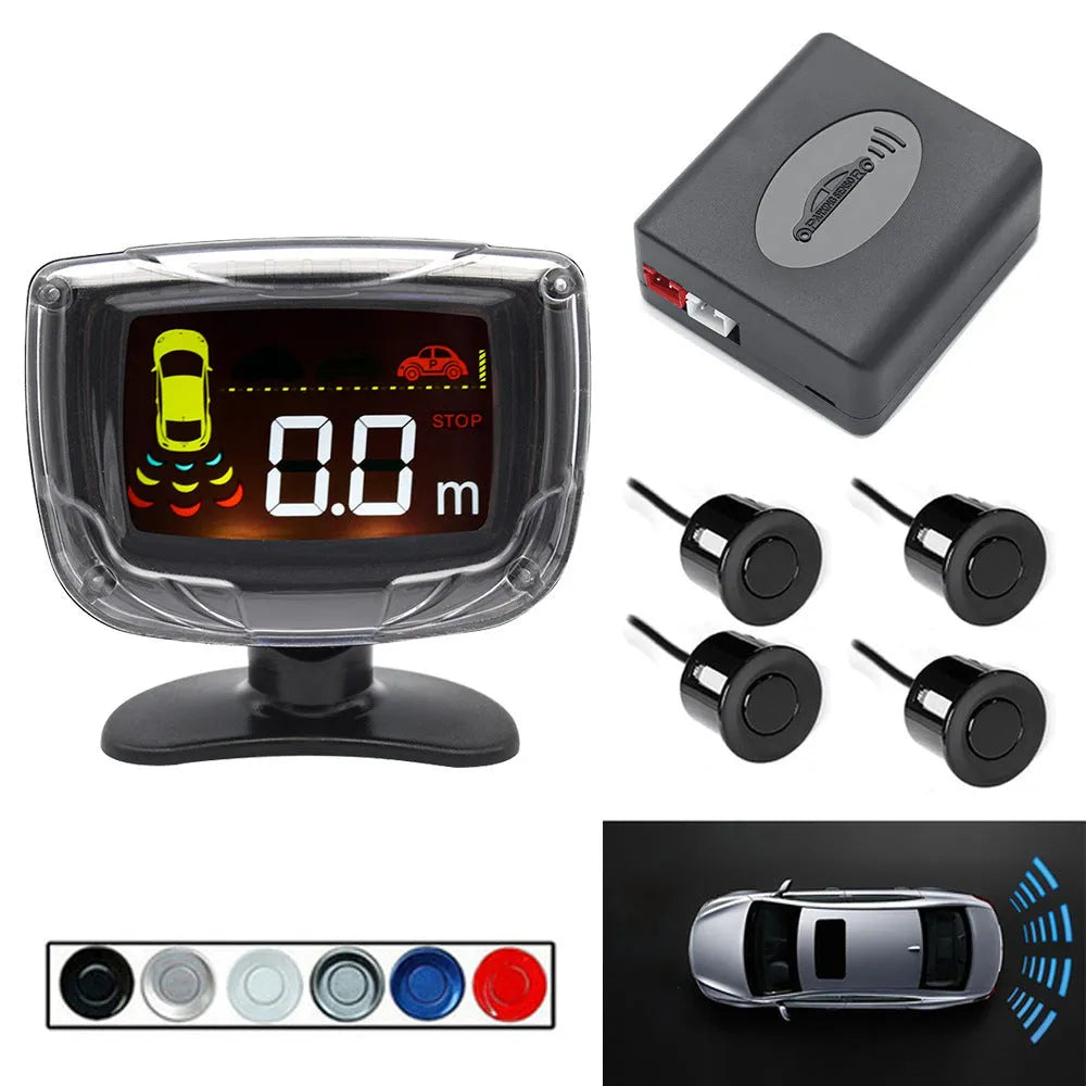 Wireless vehicle reversing sensor kit with main unit, four black probes, LED display, and installation tools.