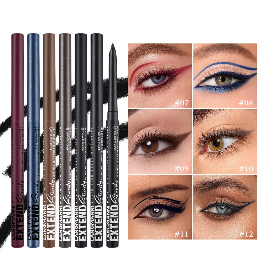 12 colourful gel glitter eyeliner pencils in vibrant shades with matte, glitter, metallic, and pearl effects