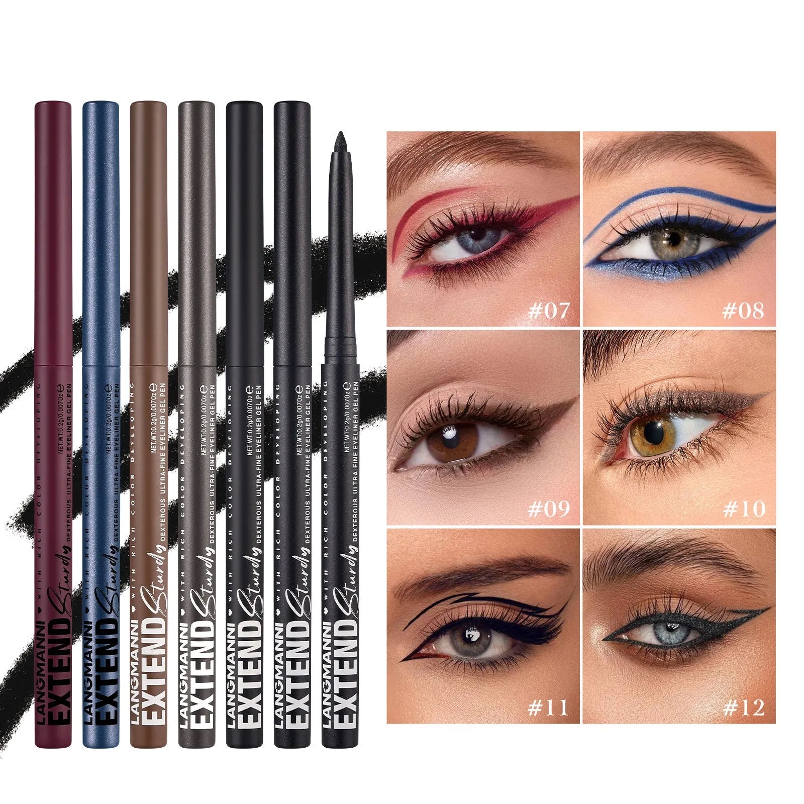 12 colourful gel glitter eyeliner pencils in vibrant shades with matte, glitter, metallic, and pearl effects