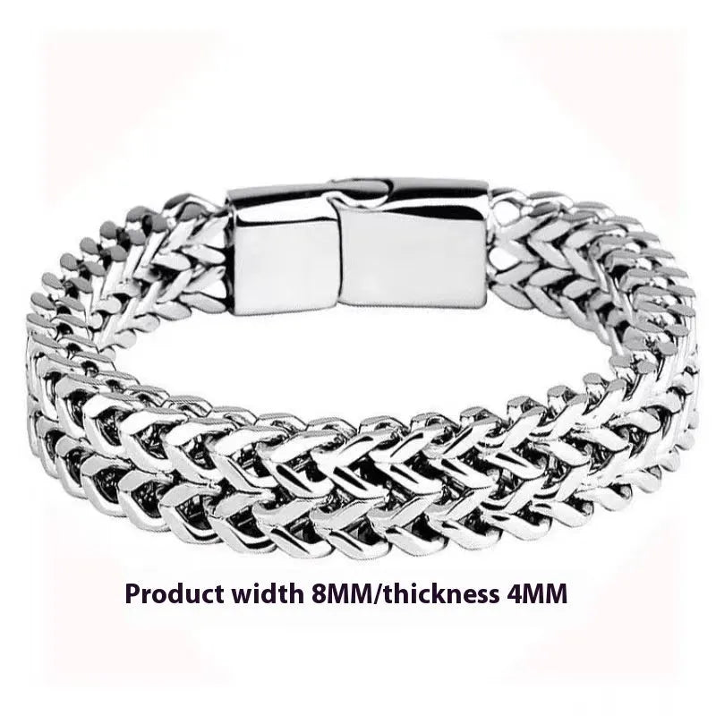 Silver geometric titanium steel men's bracelet shown in 4x8mm and 5x10mm width styles.