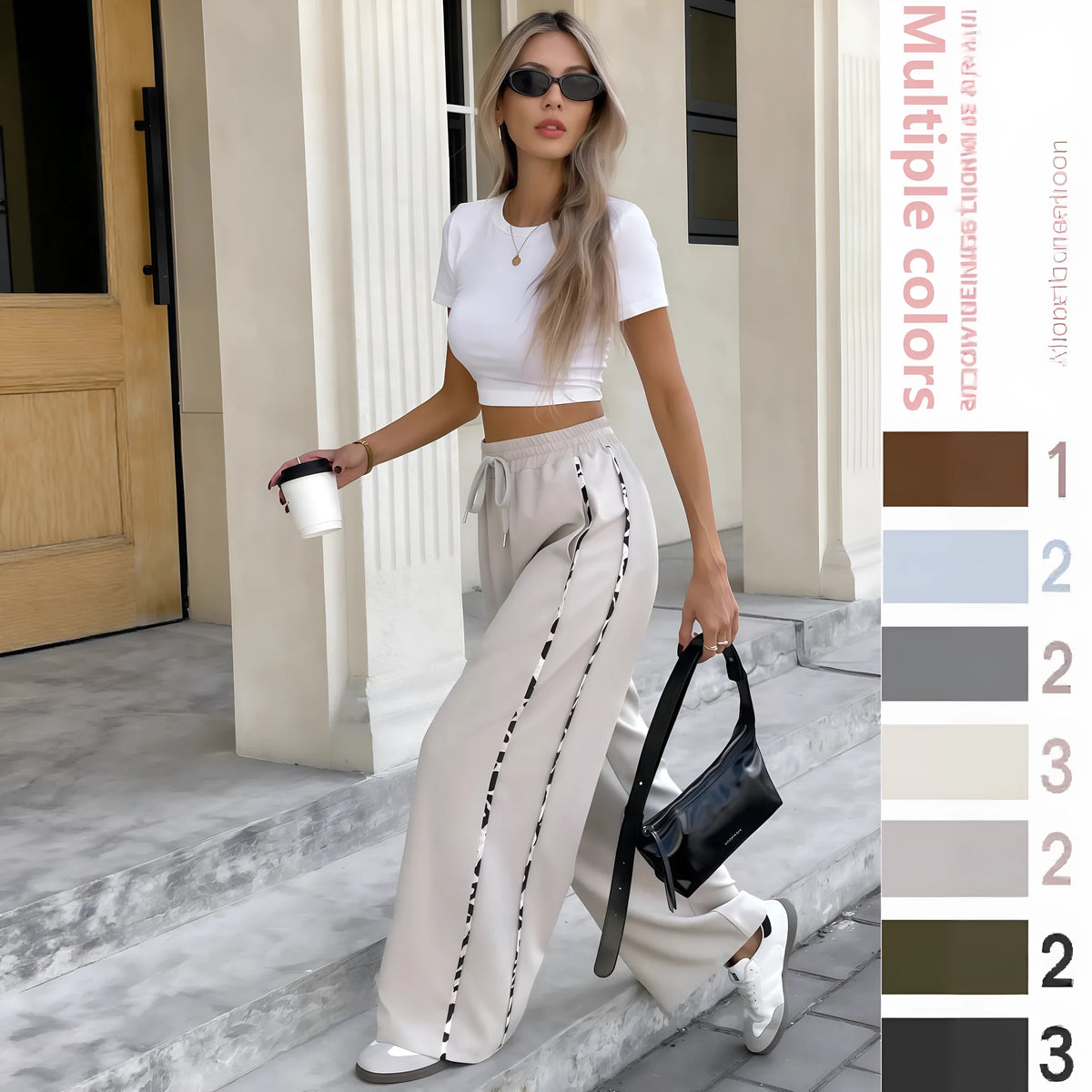 Casual sports trousers with lace-up drawstring high waist and loose straight leg silhouette