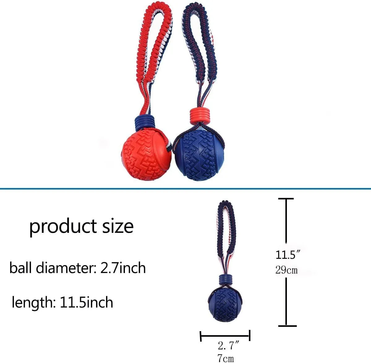 Blue or red natural rubber dog ball with attached rope for tug-of-war and teeth cleaning