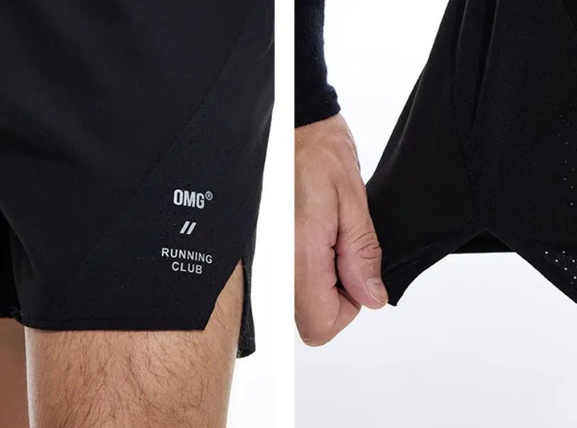 Men's black and blue stretch running shorts with laser punching for athletic training