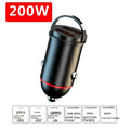Black zinc alloy 200W car charger with USB port measuring 38x21x21mm