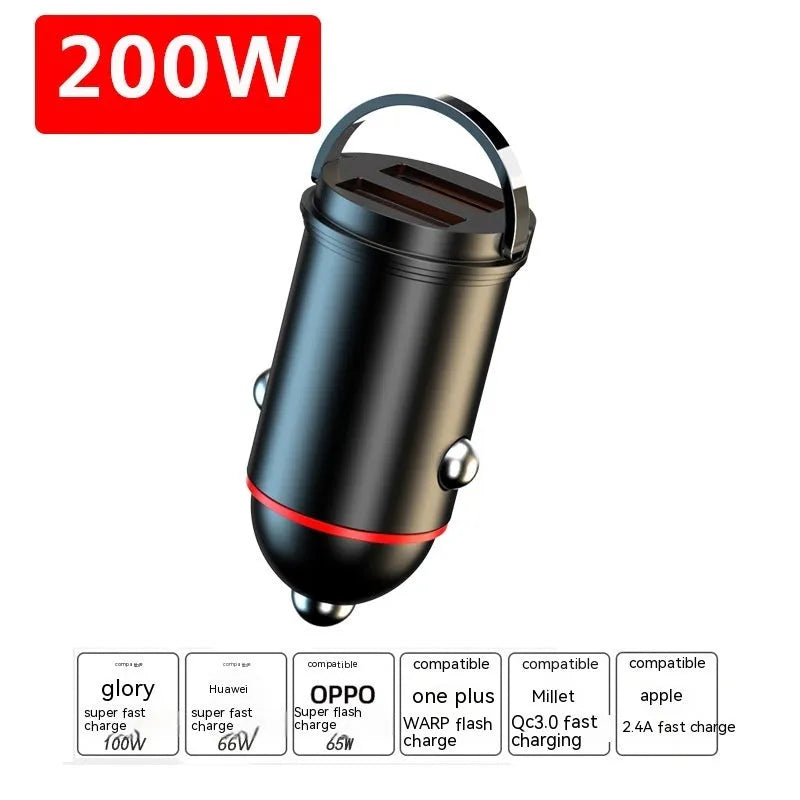 Black zinc alloy 200W car charger with USB port measuring 38x21x21mm