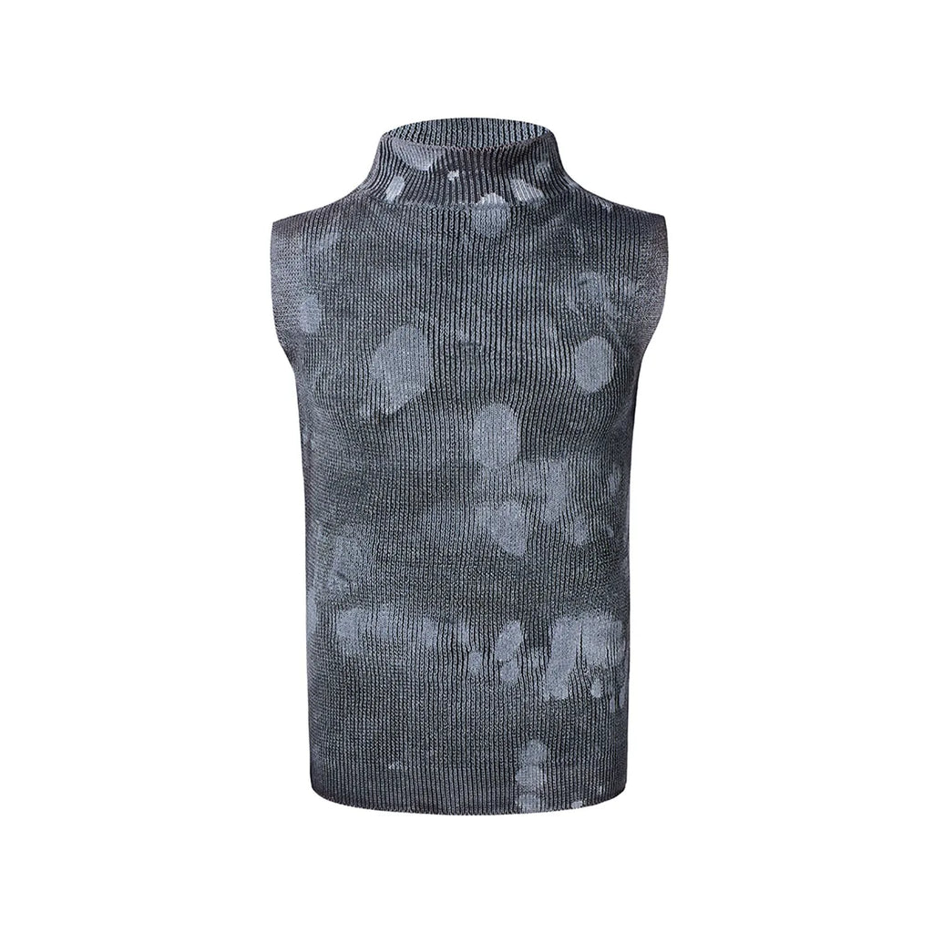 Men's black silver pastebrushing wool vest with stand collar turtleneck and sleeveless design