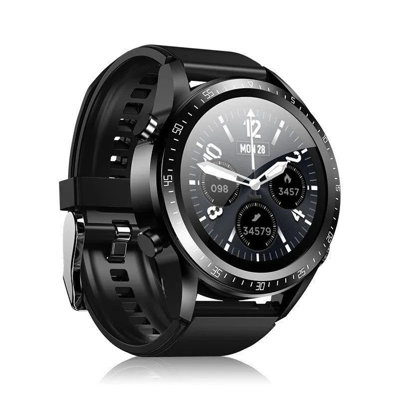 Black smart Bluetooth watch with 1.28 inch TFT screen showing health metrics and including TWS earphones
