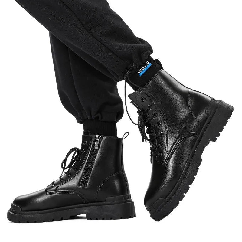 Men's black mid-top waterproof leather-style boots with a flat rubber sole