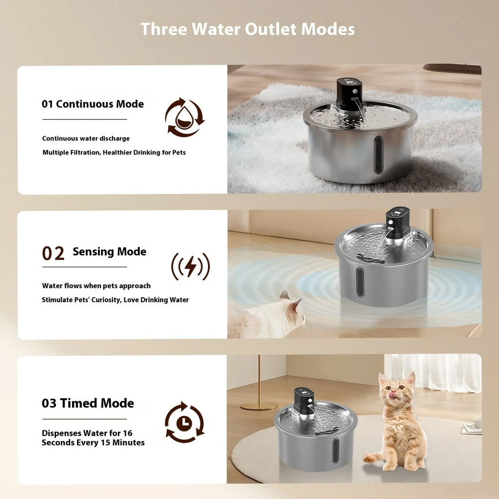 Stainless steel pet water fountain with constant temperature heating base in black and white colour options