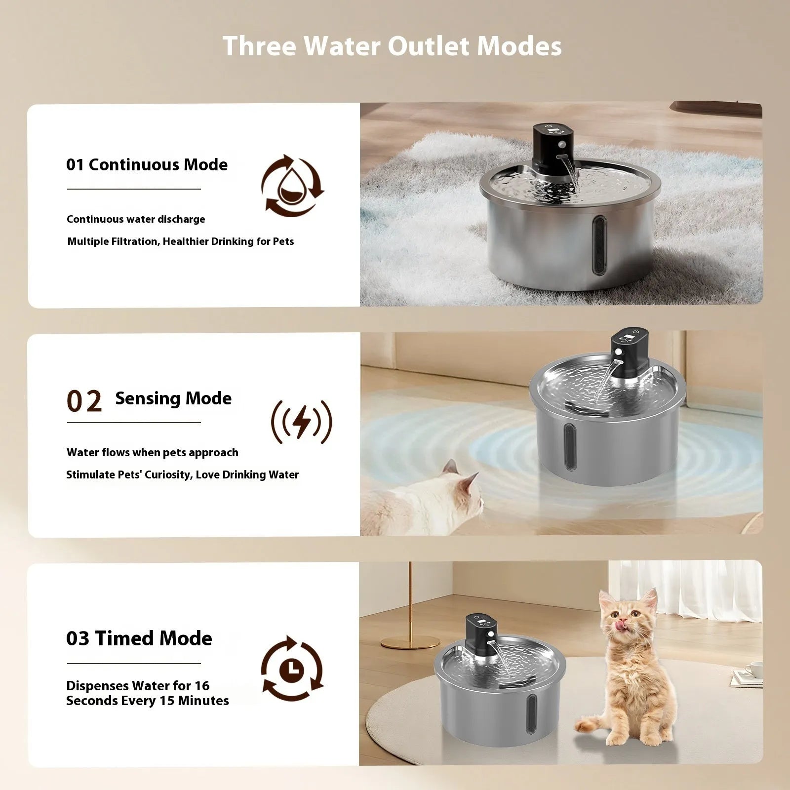 Stainless steel pet water fountain with constant temperature heating base in black and white colour options