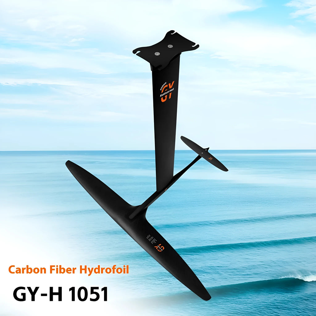 Black carbon fibre surfing hydrofoil with 1051mm front wing and aluminium alloy construction