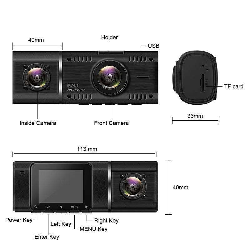 Standard black dash cam with 1.5-inch screen for front and rear 1080p recording with night vision