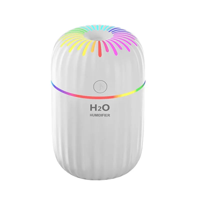 Small white USB-powered mini humidifier with water tank on a desk next to a laptop.