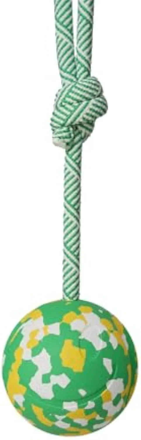 Natural rubber dog ball attached to a nylon rope for interactive fetch and tug-of-war play.