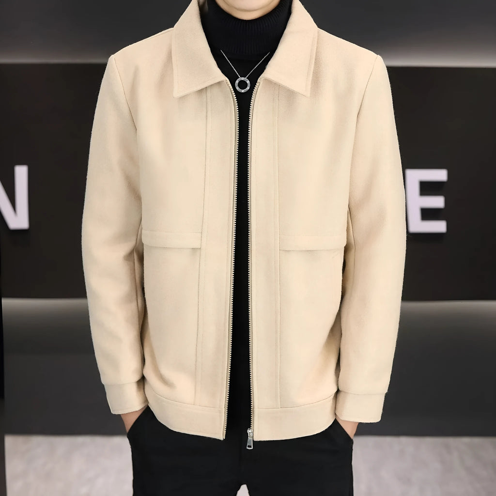 Men's khaki casual jacket with a polo collar and side seam pockets.