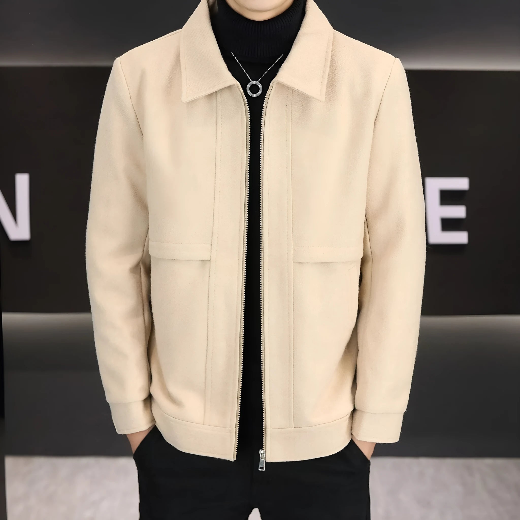 Men's khaki casual jacket with a polo collar and side seam pockets.