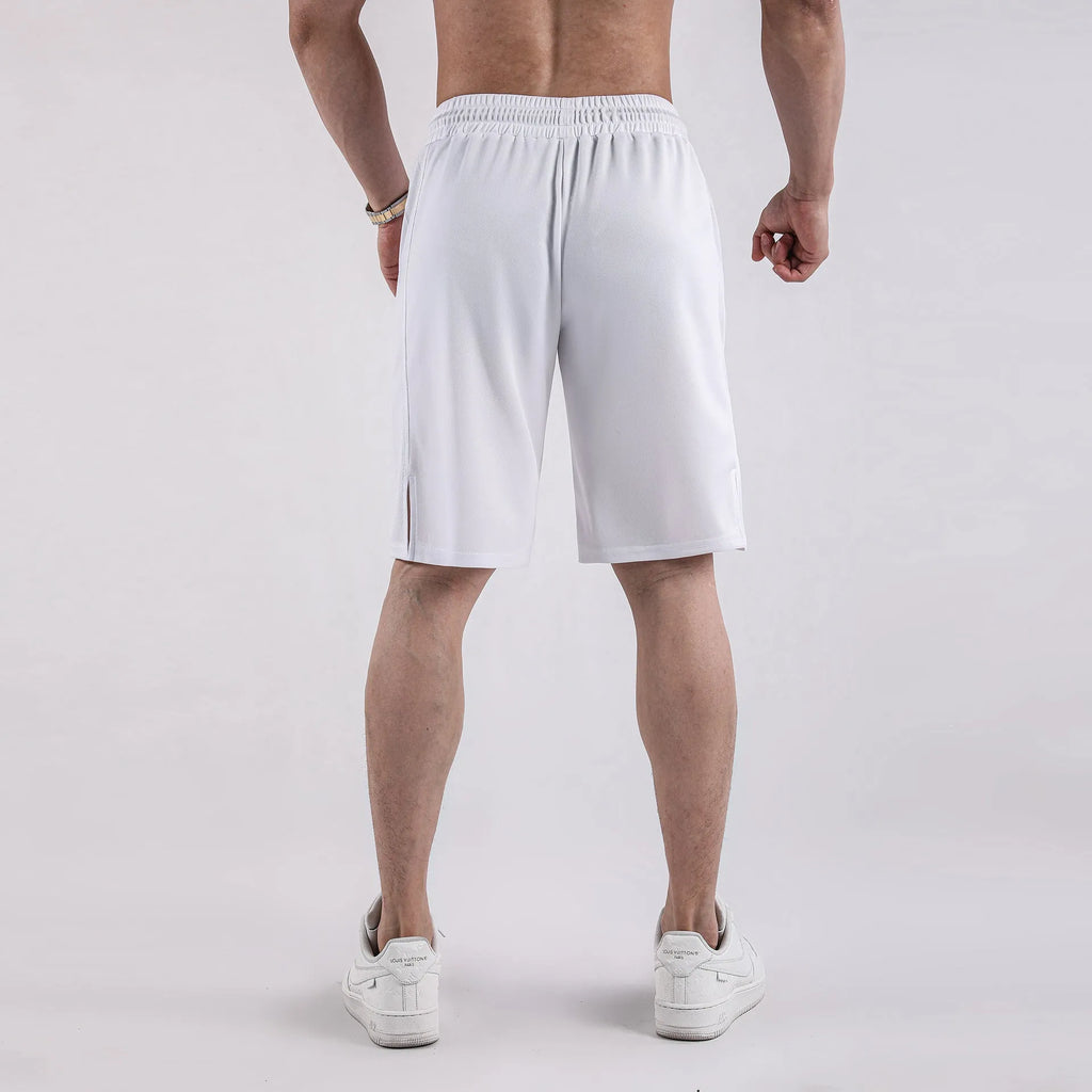 Men's black mesh capri shorts with elastic waistband and loose fit design