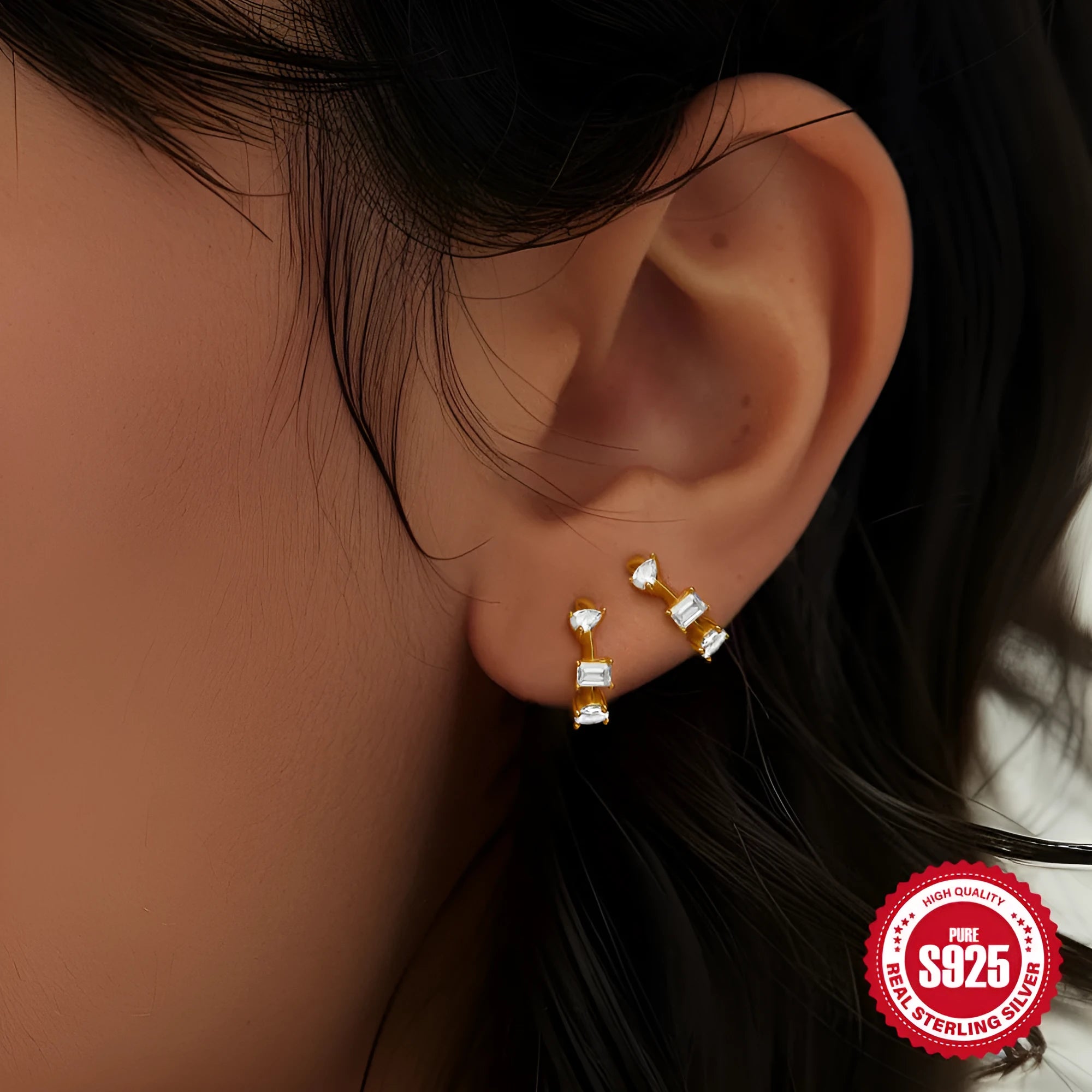 Sterling silver geometric stud earrings with small round diamond design in gold and silver finishes