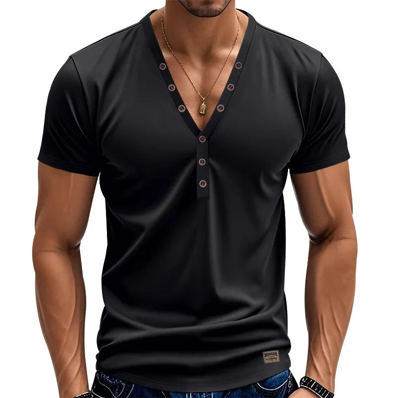 Men's loose thin V-neck button pullover top in light blue, shown in a casual setting.