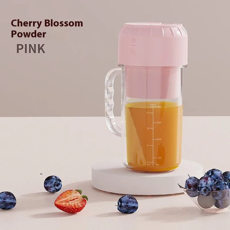 Portable USB-powered juicer in avocado green or cherry blossom pink with choice of blade styles