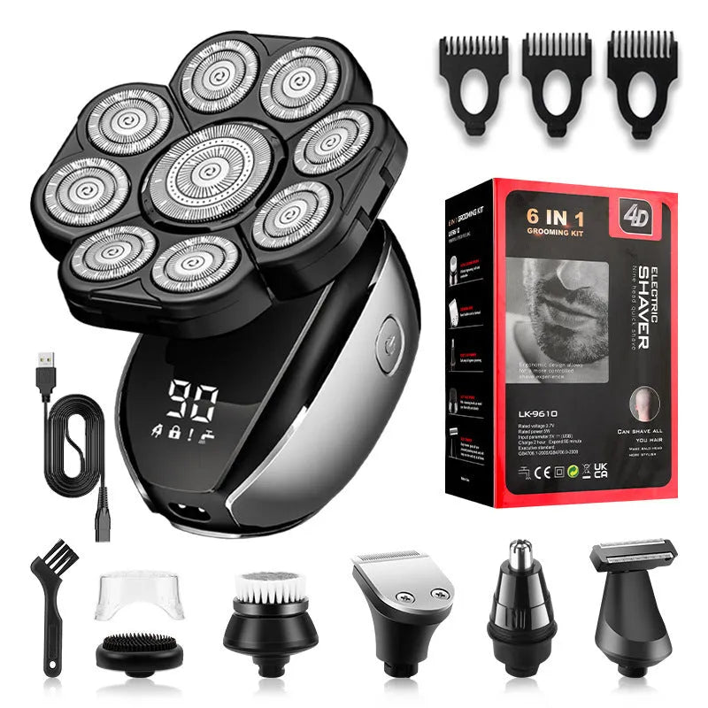 Black 6-in-1 rechargeable haircut kit with multiple attachments including hair clipper, shaver, and grooming tools