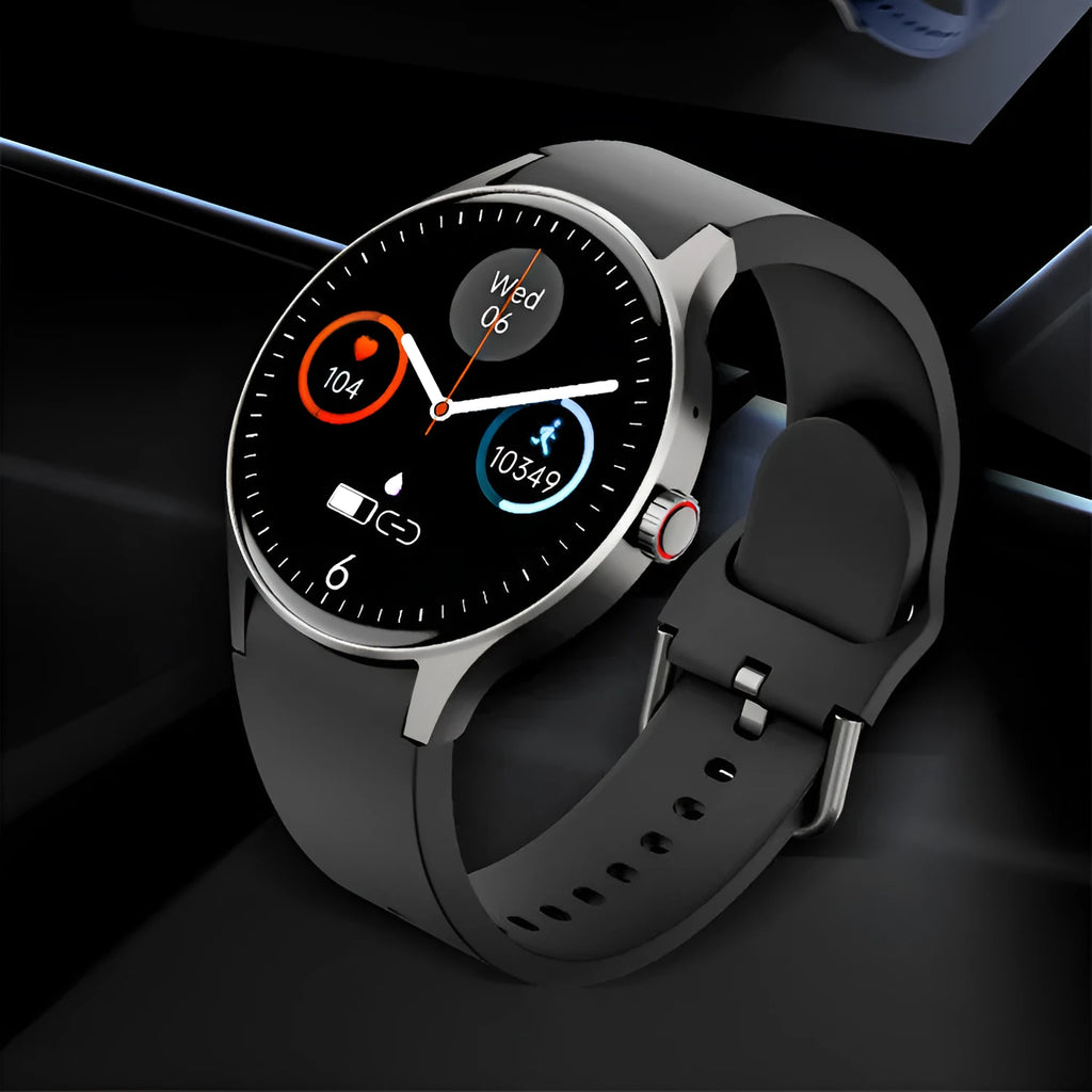 46mm smart sport watch with round touch screen in black, blue, pink, or red colour options