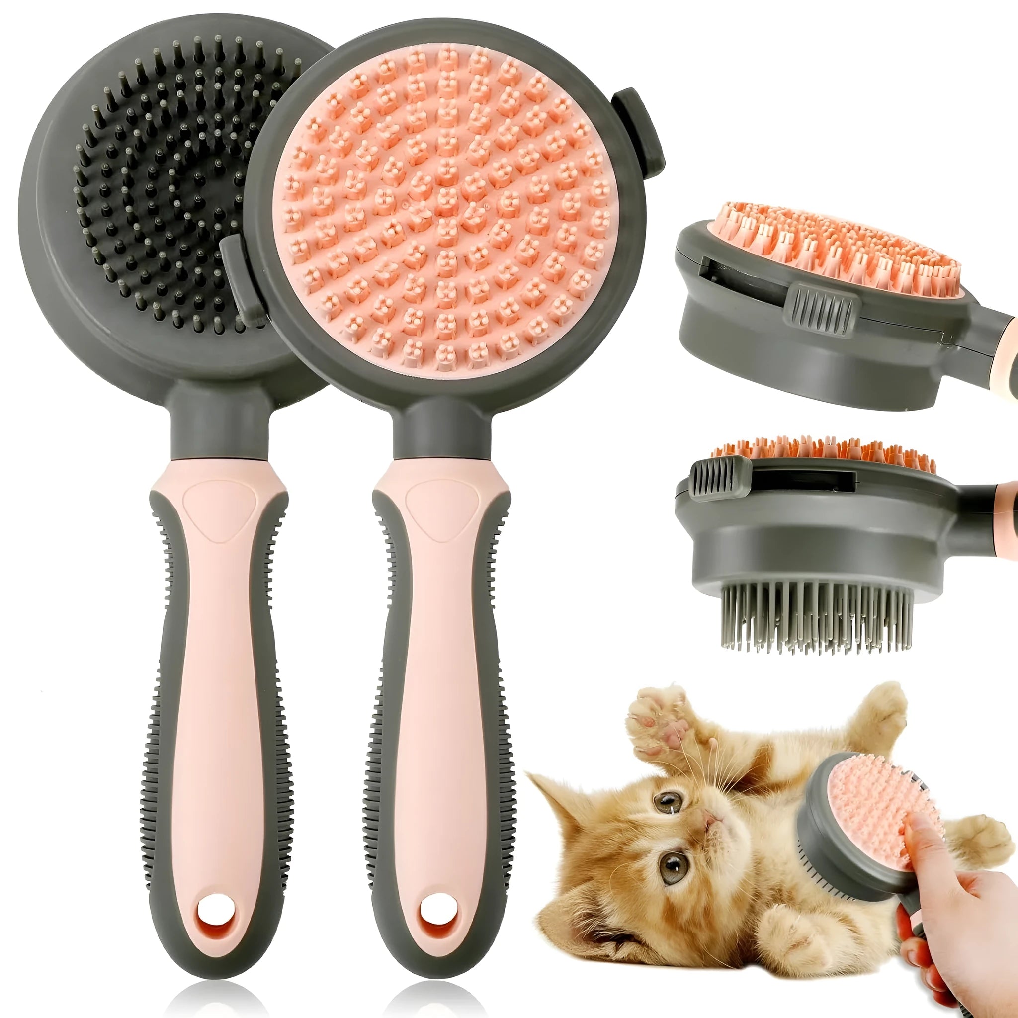 Pink and green double-sided cat brush with release button next to a flea comb.