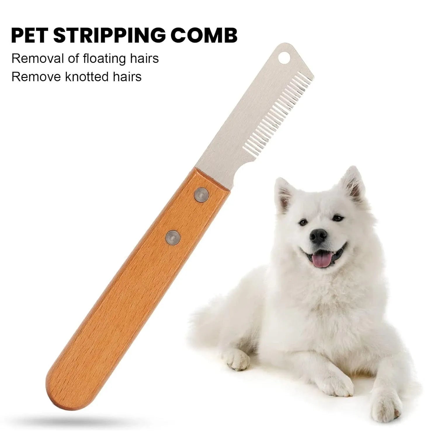 Pet stripping comb with wood handle and metal teeth for removing hair from dogs and cats