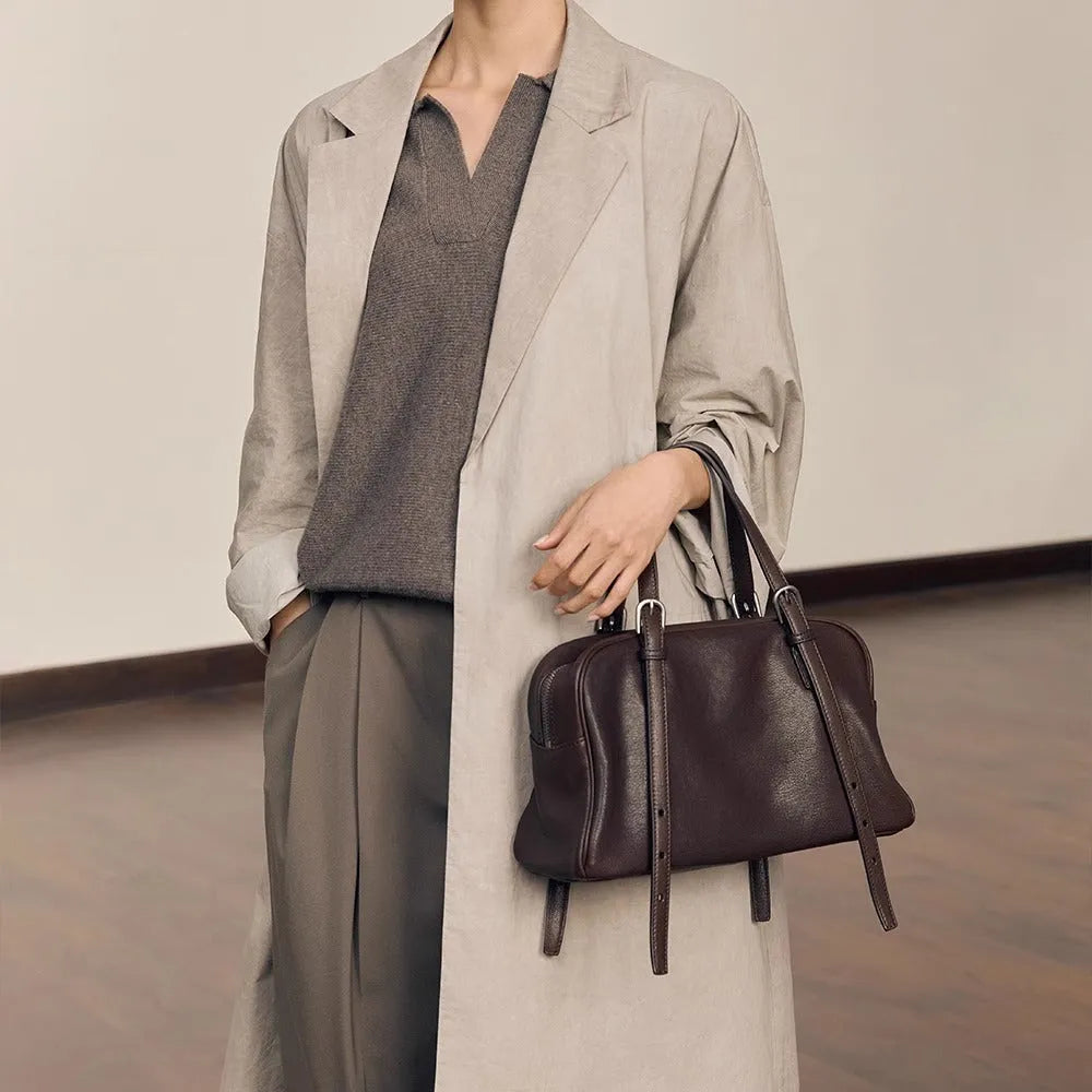 Women's retro style genuine leather shoulder bag with double straps in horizontal square shape