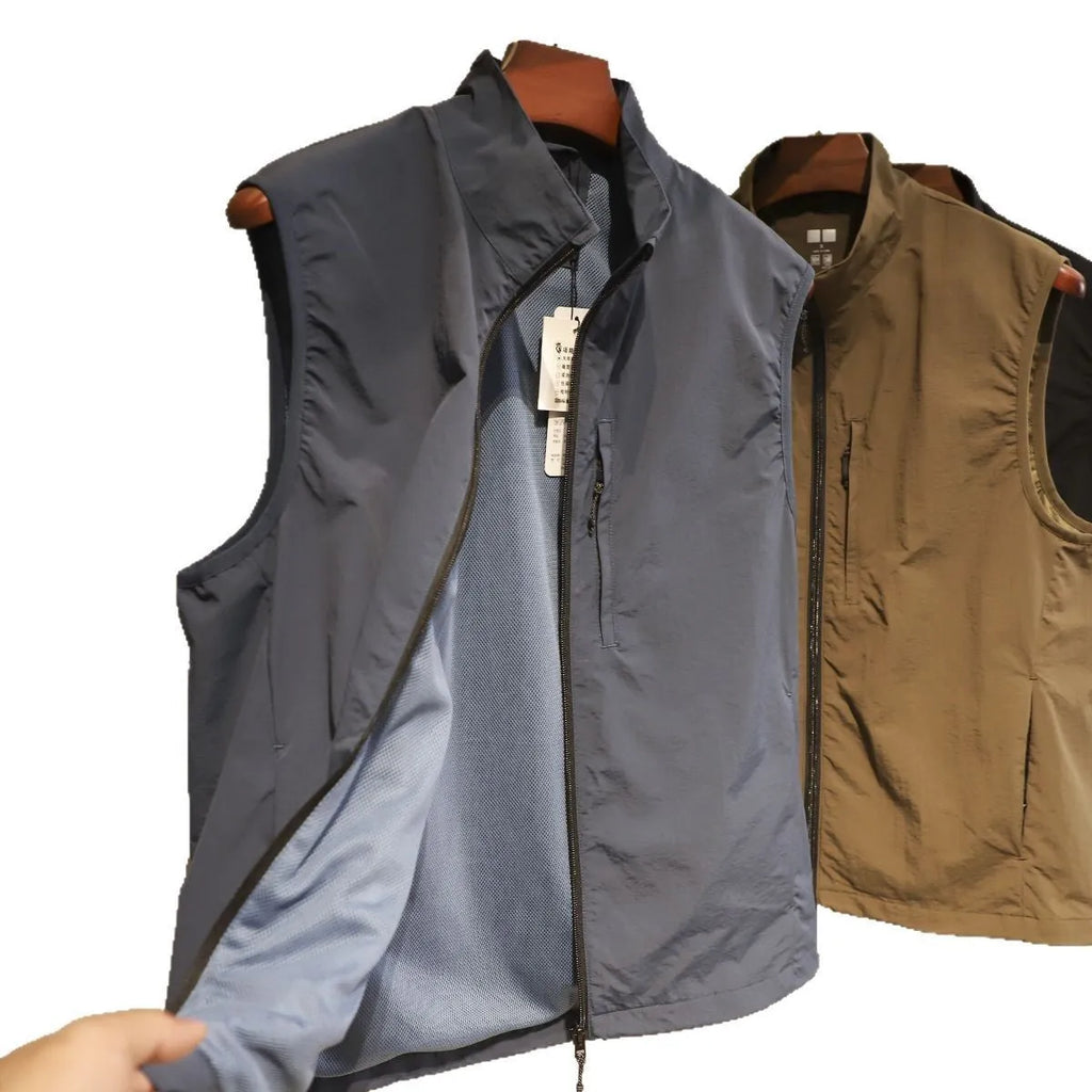 Men's straight-cut nylon vest in army green with side seam pockets and bandage-style detailing.