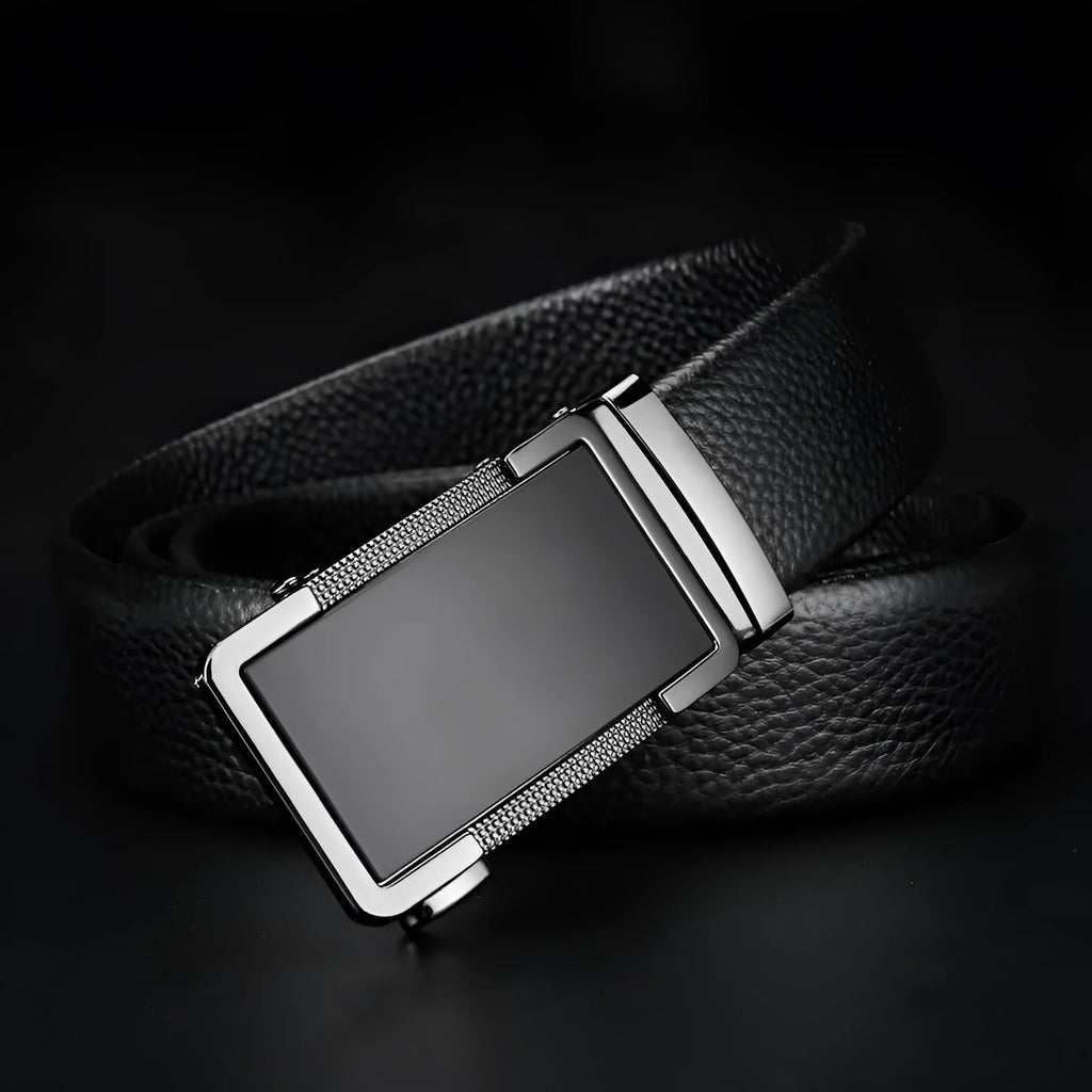Men's leather belt with an automatic metal buckle in gold, gun black, and silver colours.