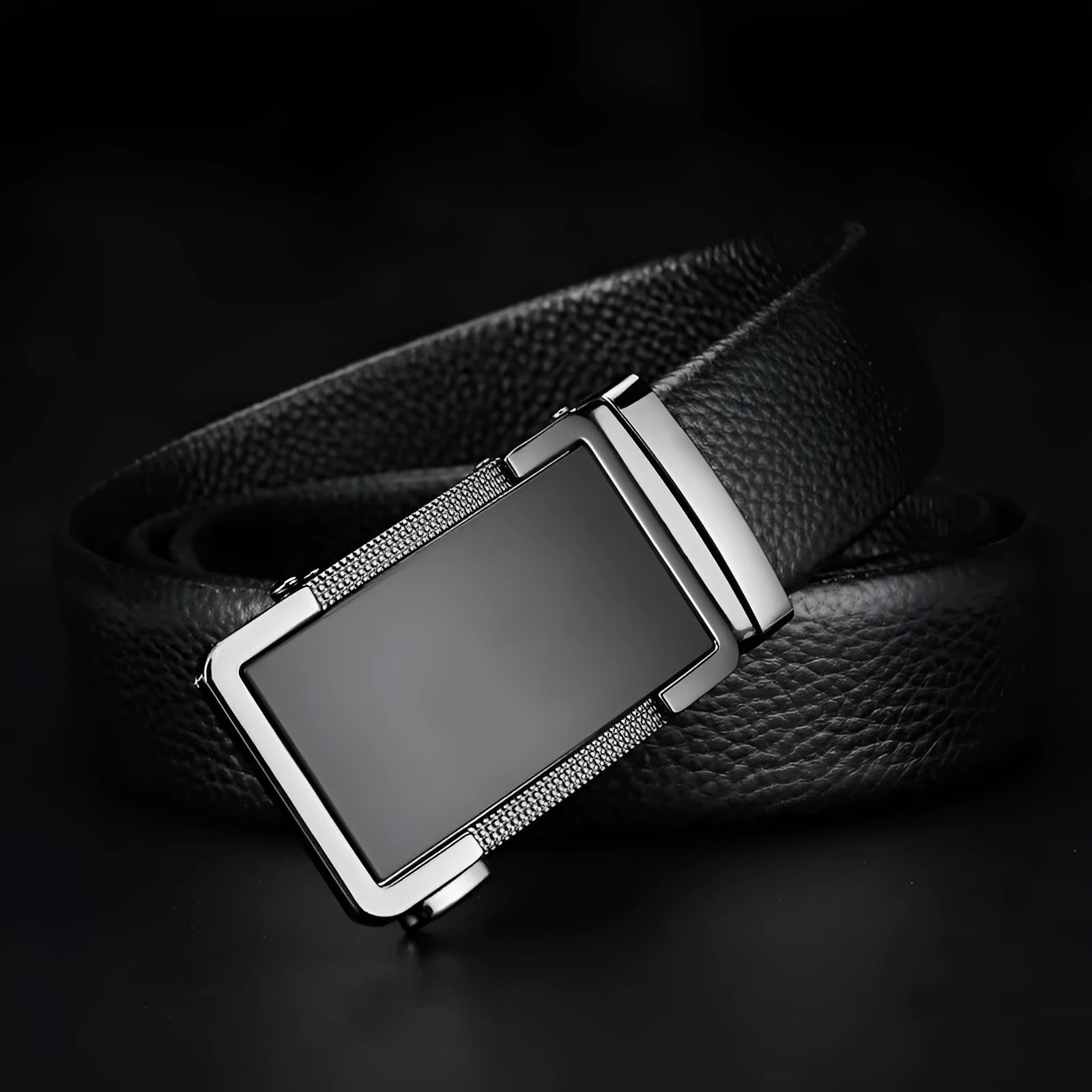 Men's leather belt with an automatic metal buckle in gold, gun black, and silver colours.