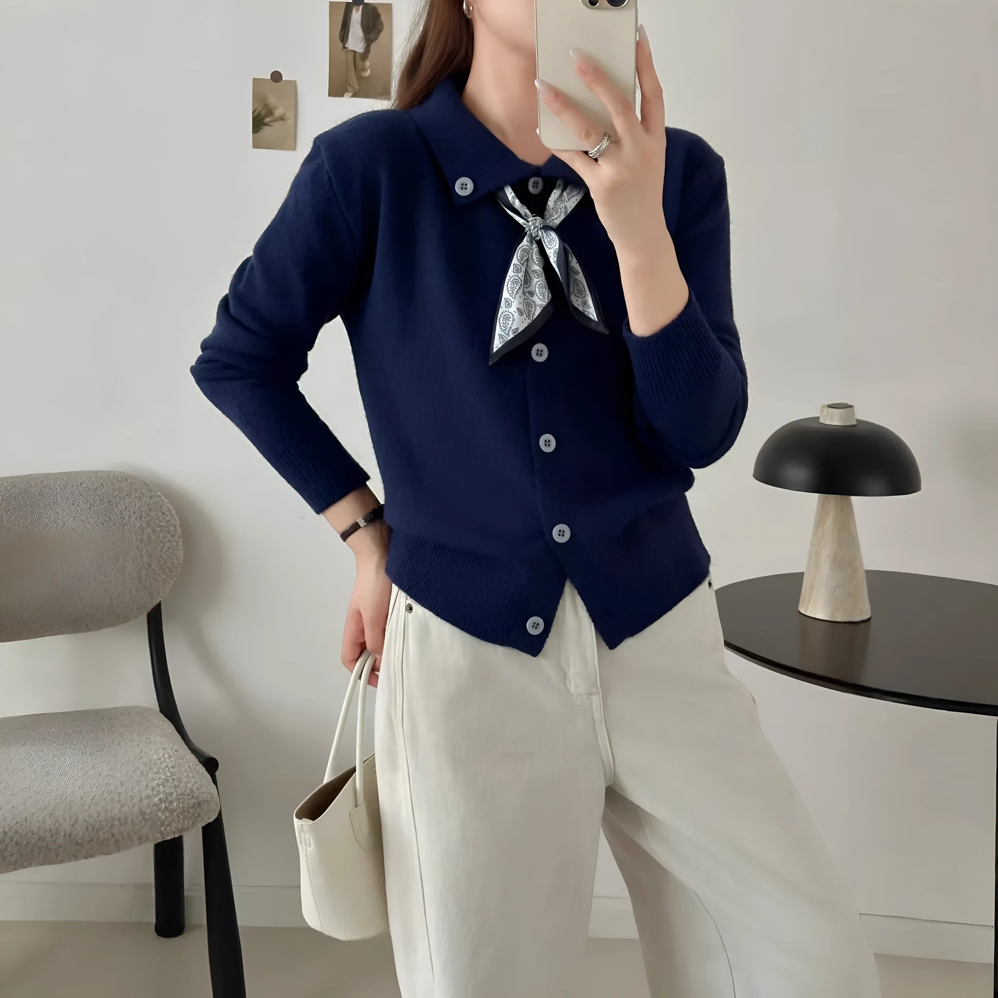 Lazy fashion lapel scarf cardigan sweater in acrylic, shown in a neutral colour.