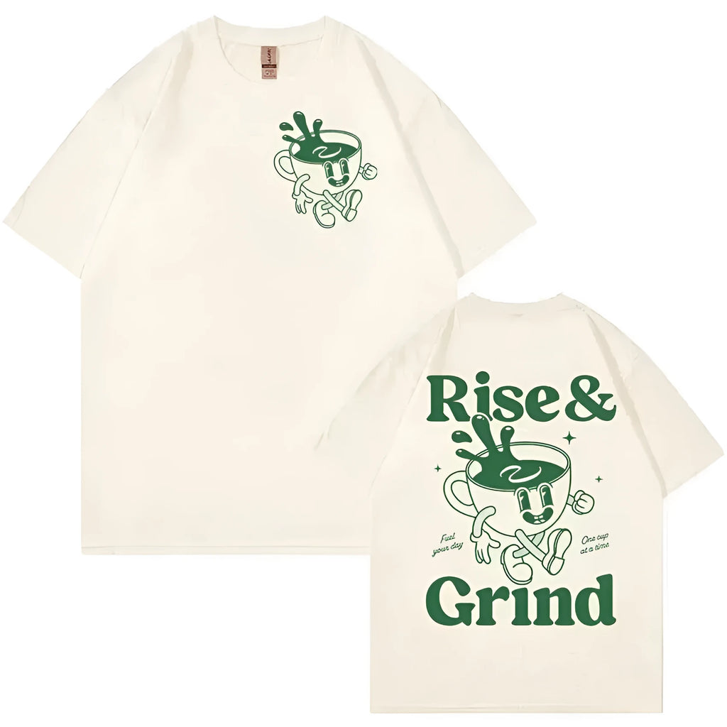Men's loose linen t-shirt with green coffee cartoon design showing 'Rise and Grind' text