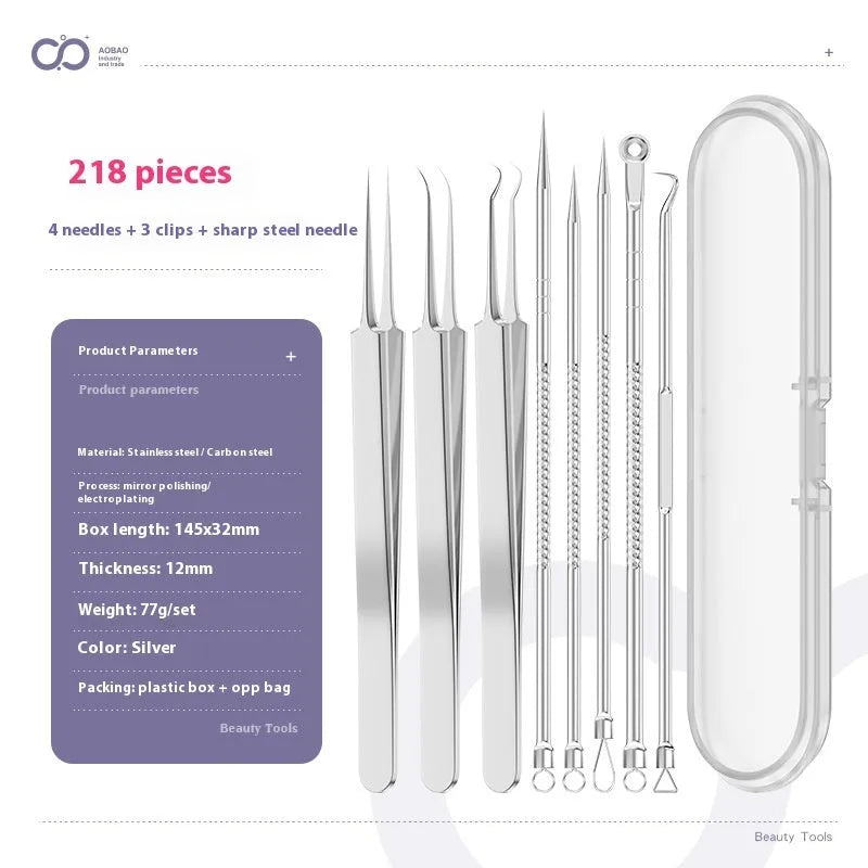 Four silver metal acne needles with fine points held together by a metal clip.