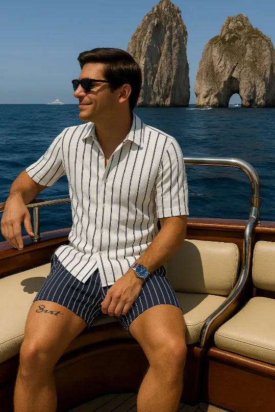 Men's light mature casual style beach shirt and shorts set in four-sided elastic fabric