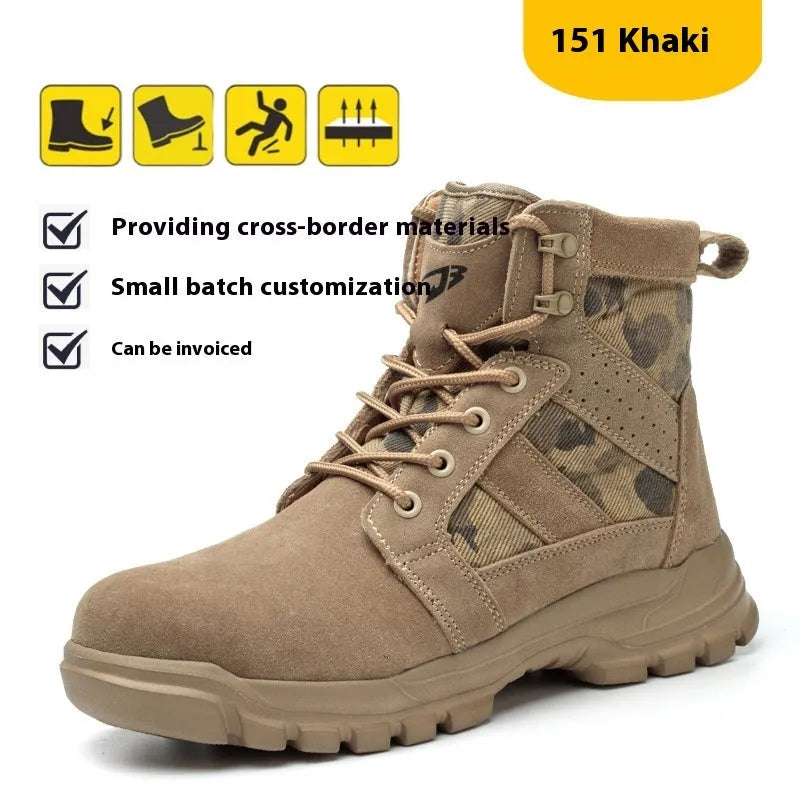 Khaki coloured high-top suede safety boots with steel toe cap and front lace-up closure on a rubber sole.