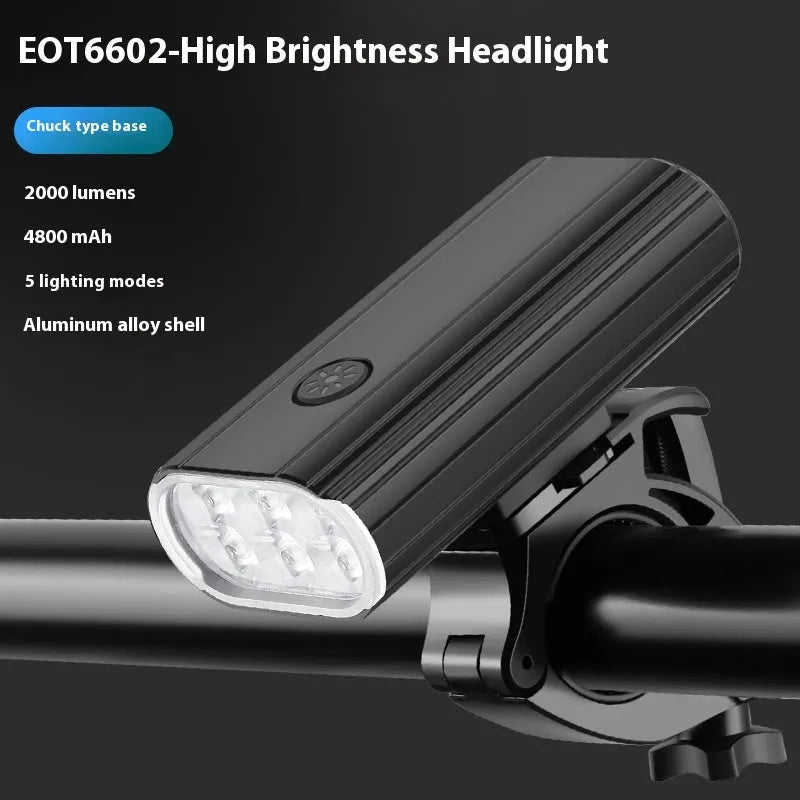 Silver aluminium alloy bicycle headlight showing USB Type-C charging port and six XPT lamp beads.