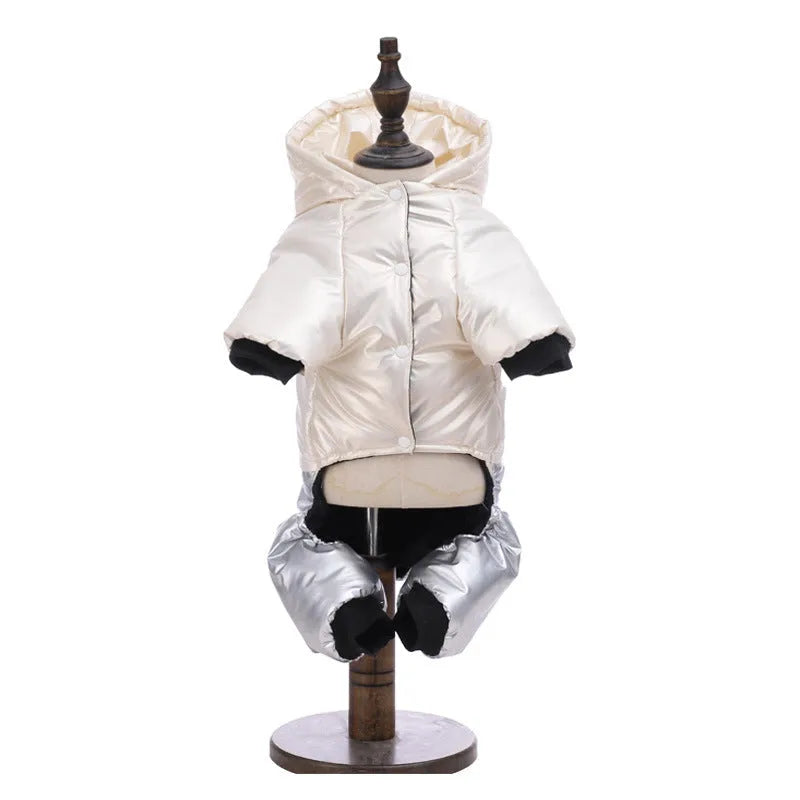 Green pink and white cotton-padded waterproof dog coat with four-legged design in sizes S to 3XL