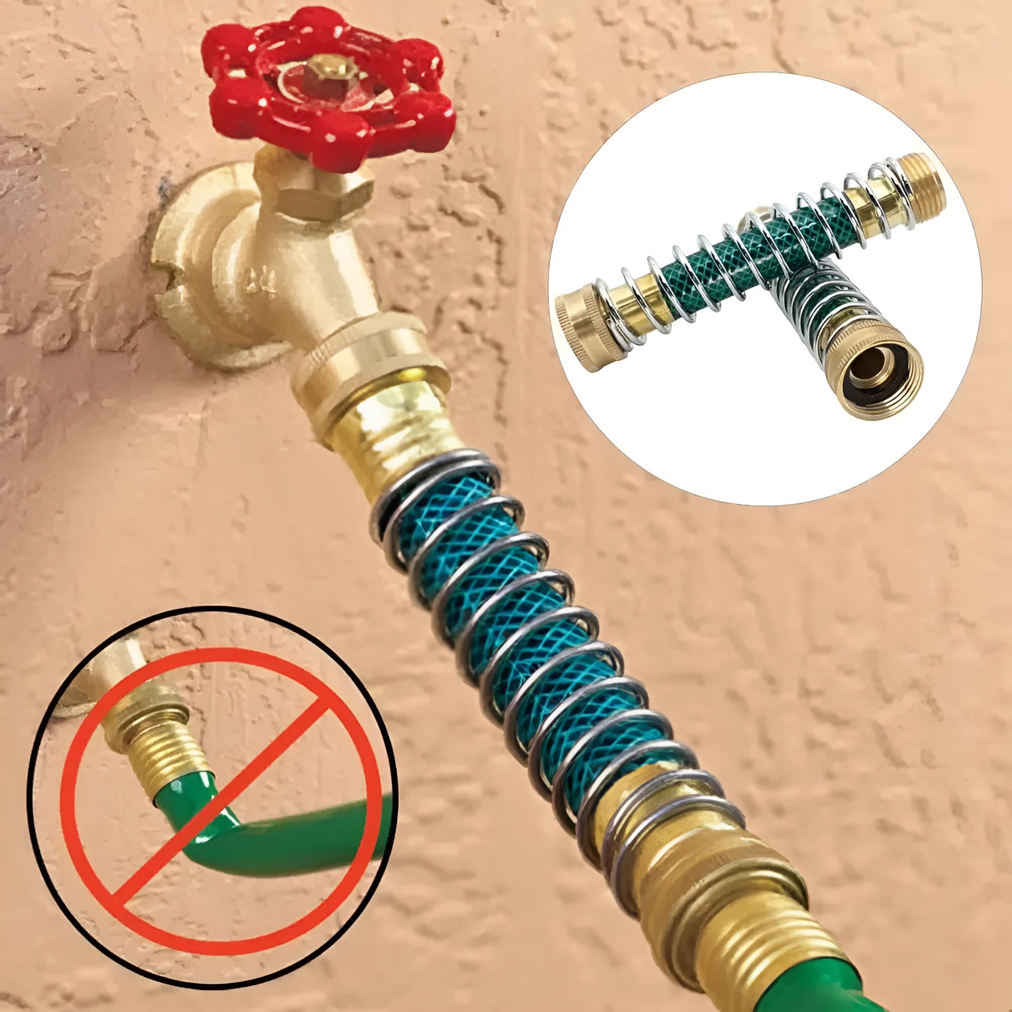 Brass garden hose spring connector with spiral anti-kink mechanism and threaded fittings