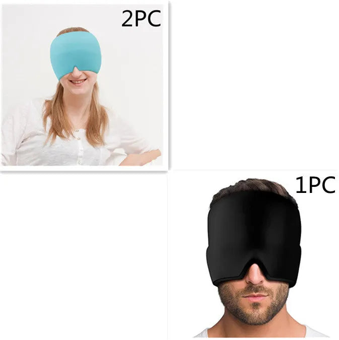 Black elastic cloth gel eye mask for headache relief showing adjustable design