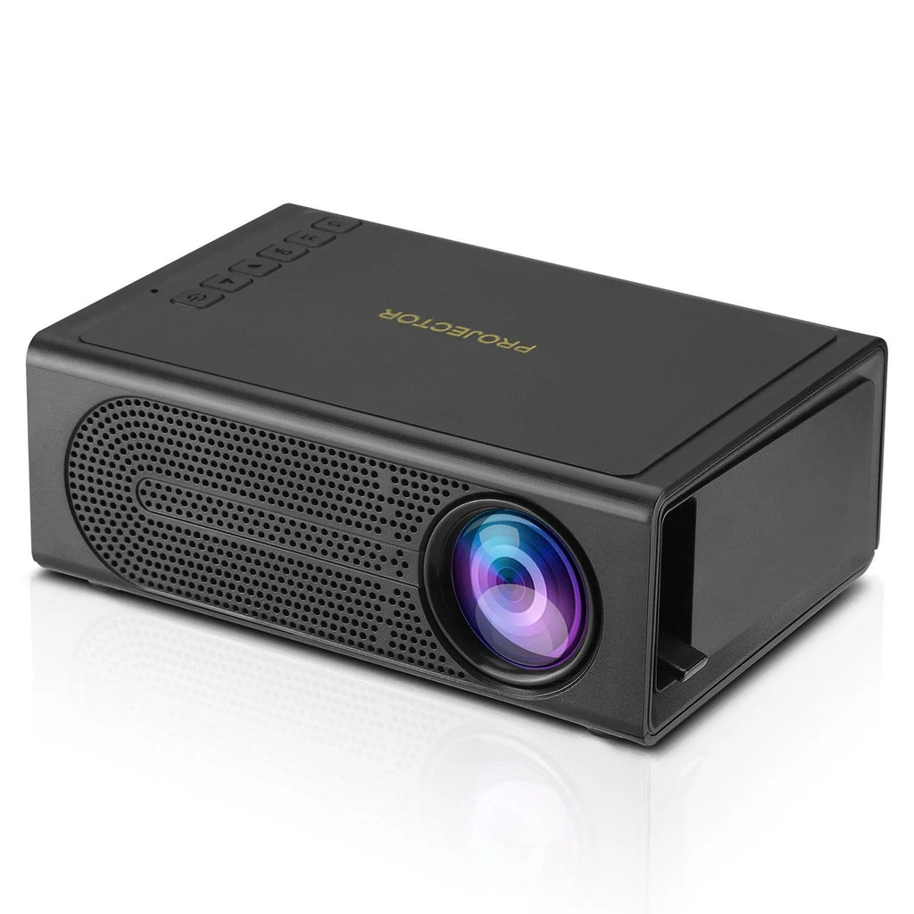 Portable mini projector in black colour with mobile phone connection cable and UK plug adapter