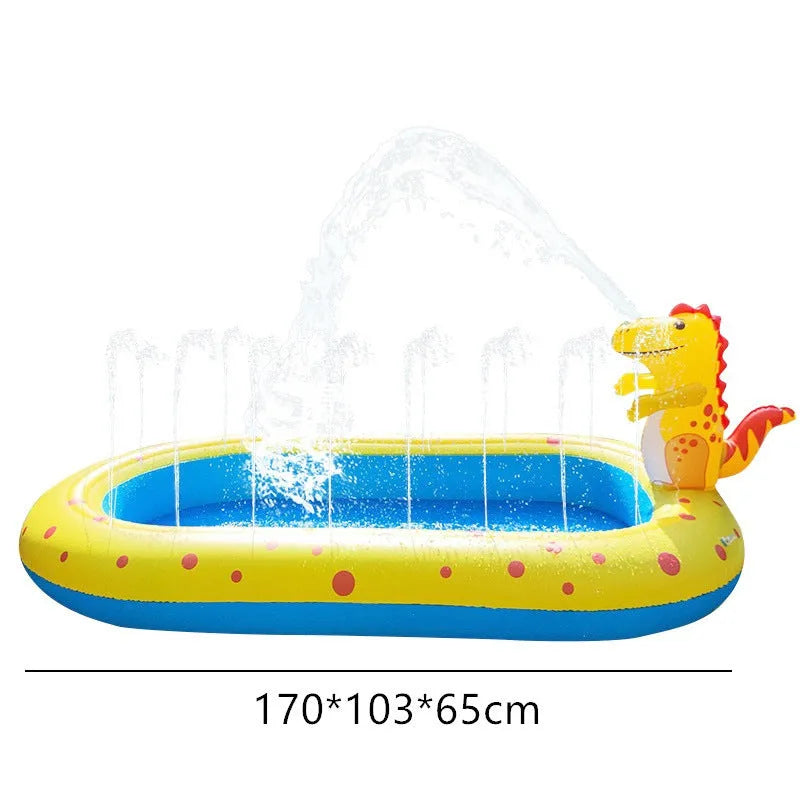 Blue dinosaur-shaped inflatable water spray pool for kids outdoor play