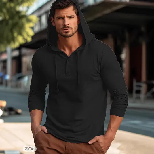 Long sleeve cotton pullover hoodie in dark blue, shown in European/American sizing.