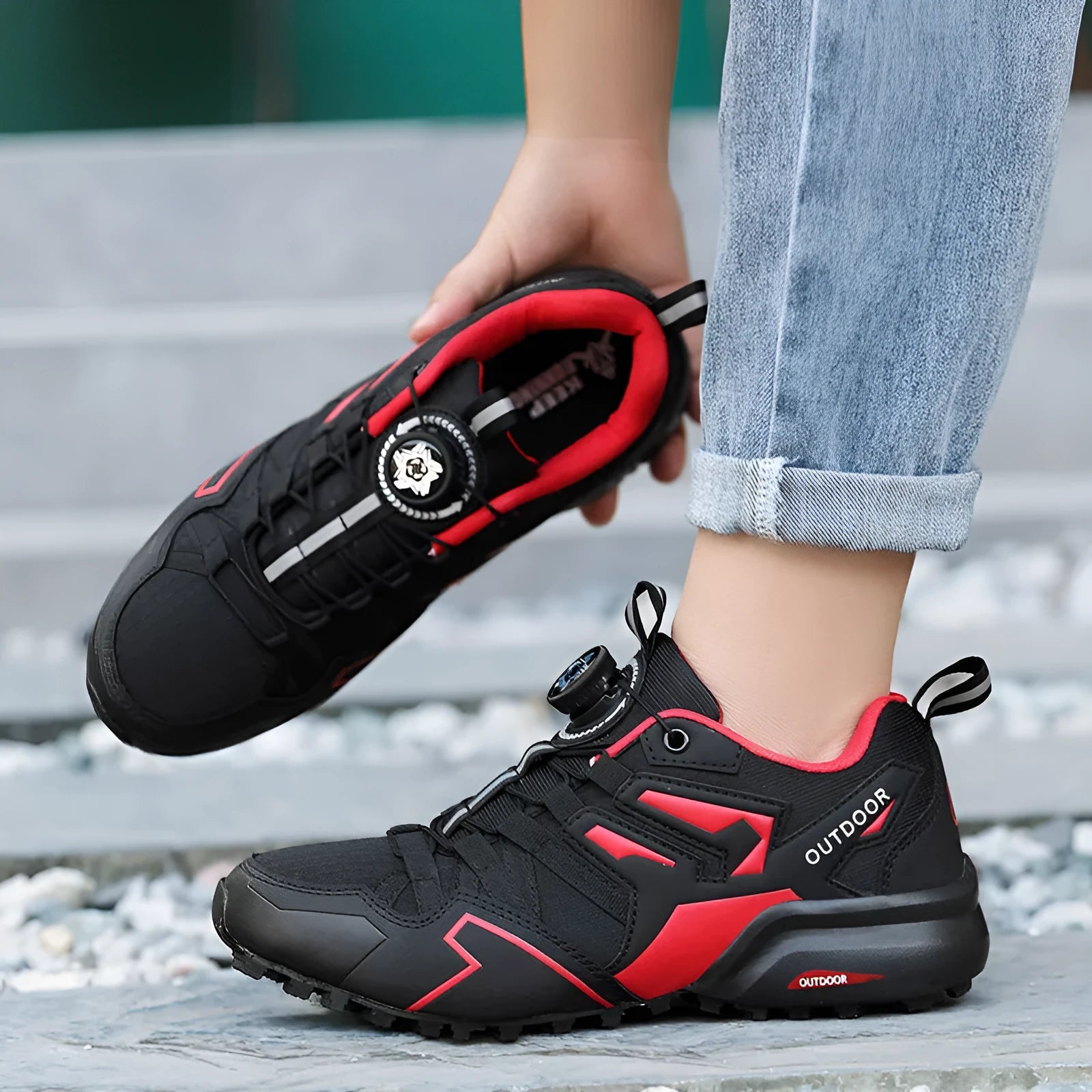 Men's beige off-road hiking shoe with an elastic band closure and rubber sole.